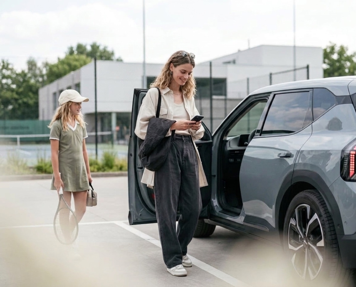 Medewerker stapt in een gedeelde elektrische poolwagen
